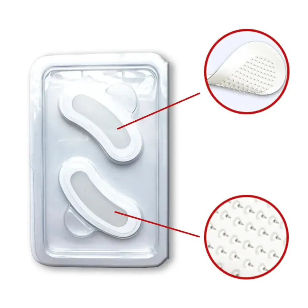 Packaged set of white adhesive nasal strips with magnified texture views.