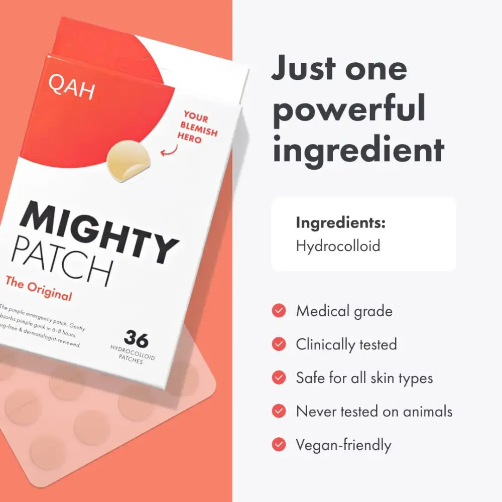 Red and white box of ’Mighty Patch’ acne patches containing 36 patches.