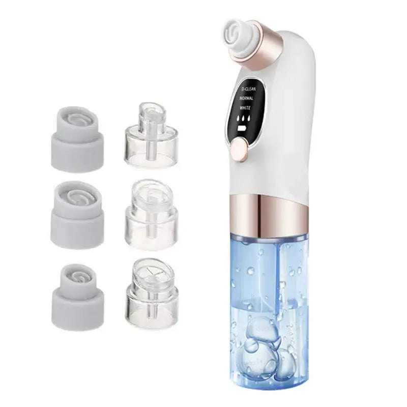 Handheld facial pore cleaner device with interchangeable attachments and a water reservoir.