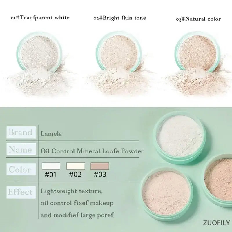 Mineral loose powder makeup in three shades with green compact containers.