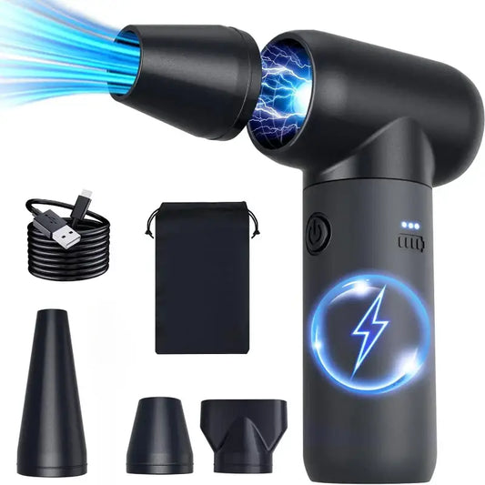 Handheld massage gun with blue light effects and interchangeable attachments.