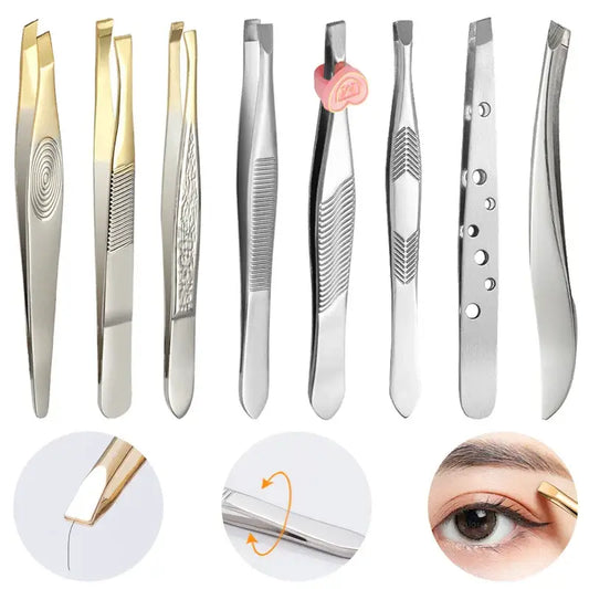 Collection of eyebrow tweezers and grooming tools.