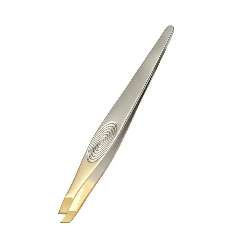 Metallic tweezers with a circular pattern on the handle and gold-colored tips.