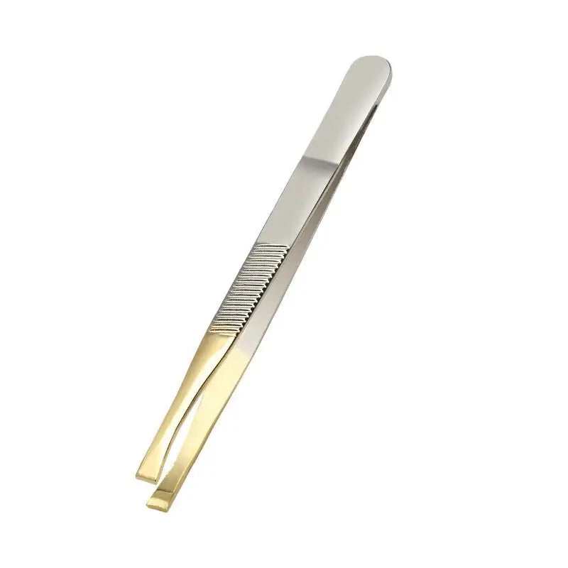 Metallic tweezers with a ridged grip area and gold-colored tips.