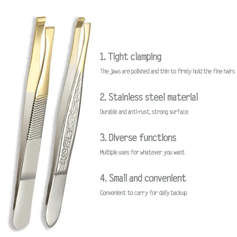 Pair of stainless steel tweezers with textured grips and pointed tips.