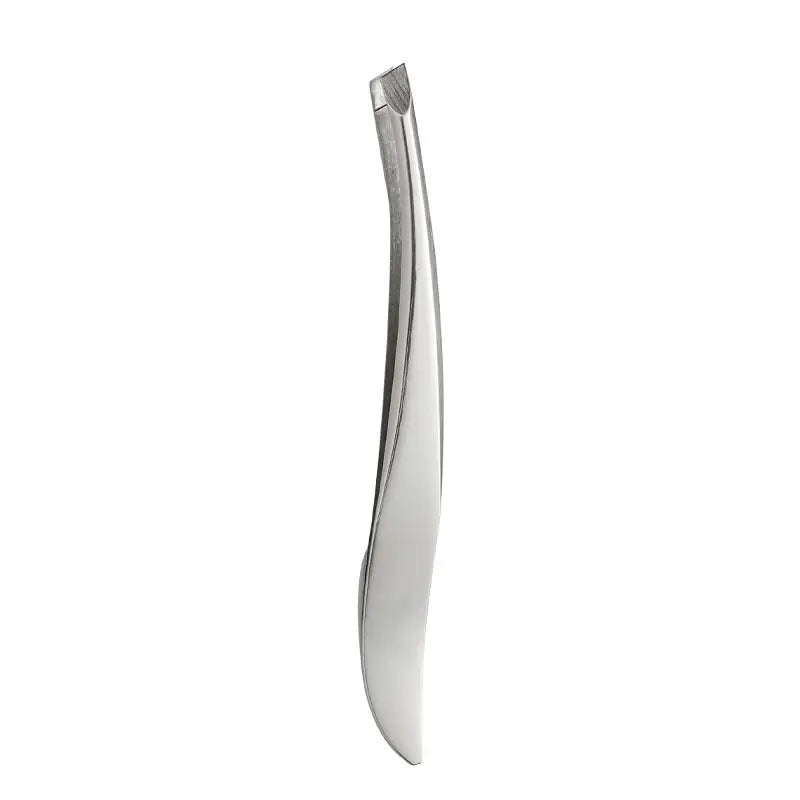 Sleek, curved stainless steel tweezer with angled tip.