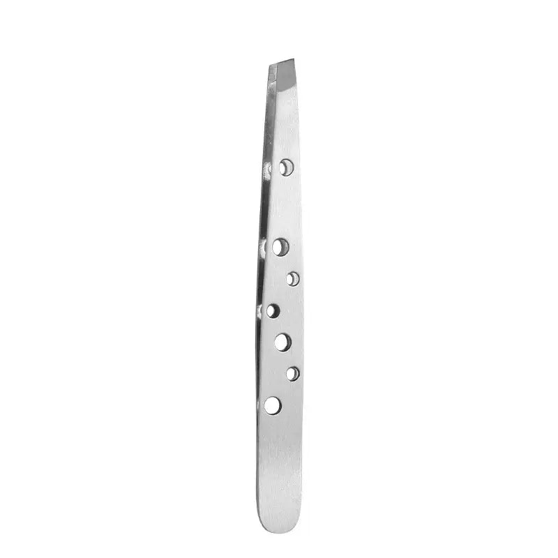 Stainless steel tweezer with multiple holes along its length.