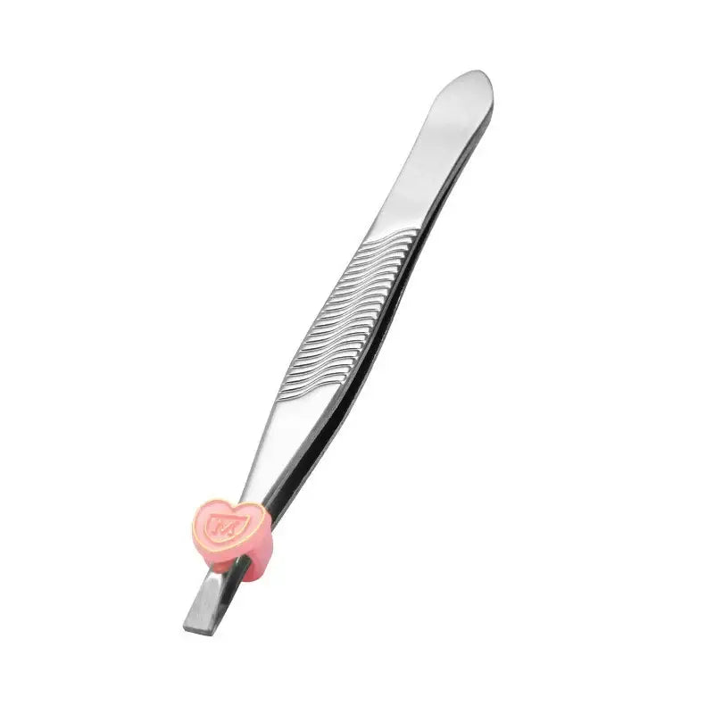 Stainless steel tweezers with a small pink heart-shaped decoration at the tip.