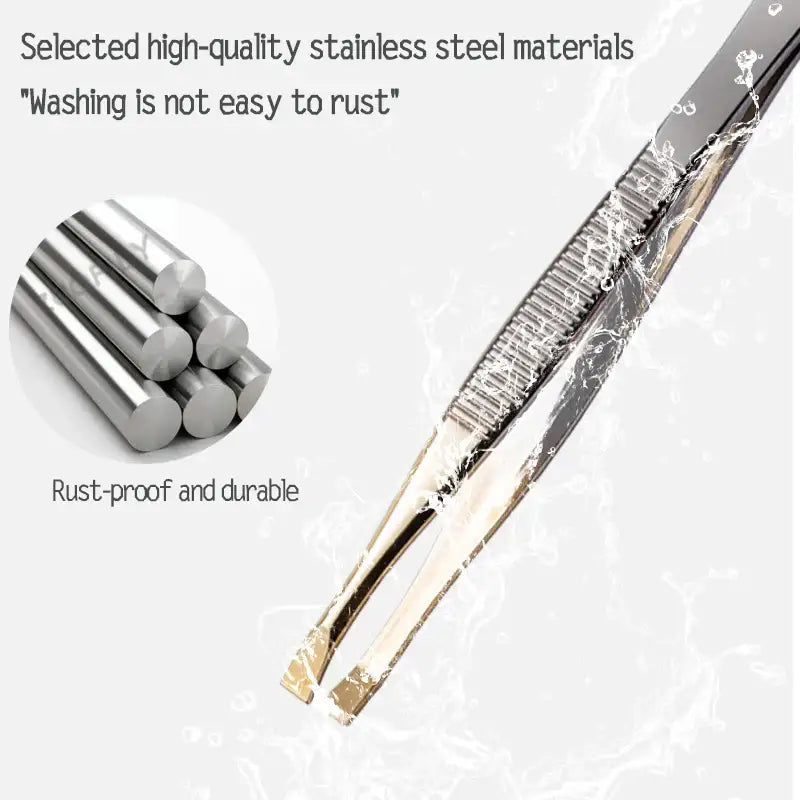 Stainless steel tweezers with textured grip and fine tips.