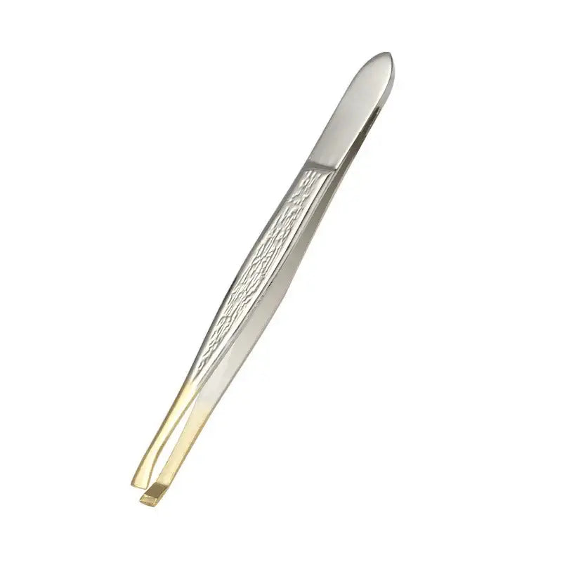 Stainless steel tweezers with a textured grip pattern on the handle.