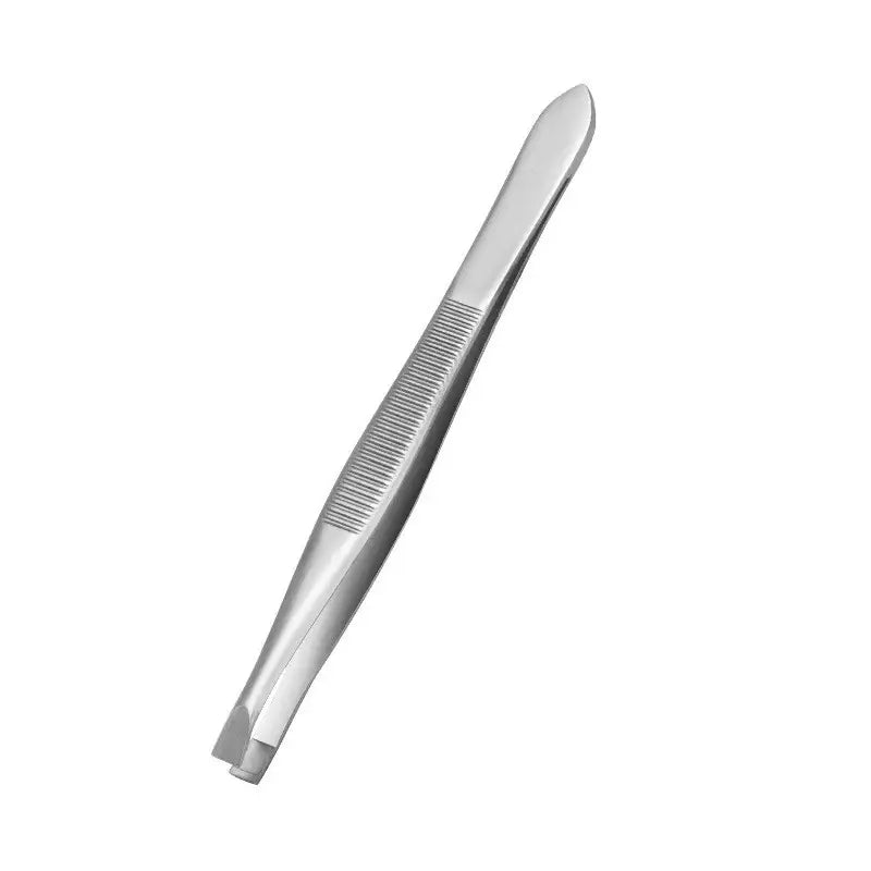 Stainless steel tweezers with a textured grip area.