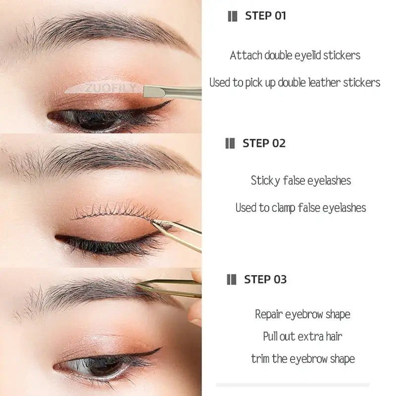 Step-by-step guide for applying eye makeup and enhancing eyelids and eyebrows.