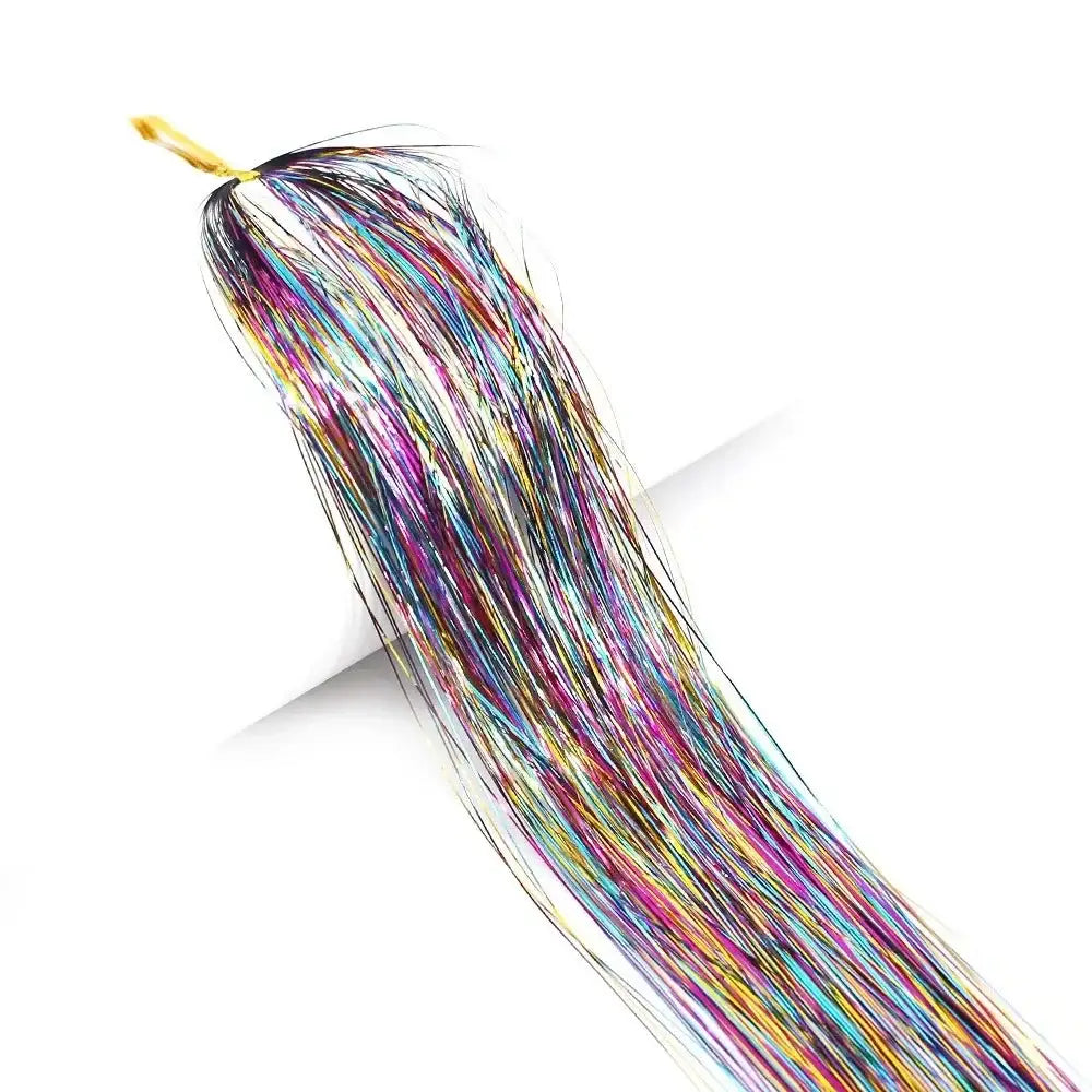 Bundle of colorful, shimmering tinsel strands attached to a yellow handle.