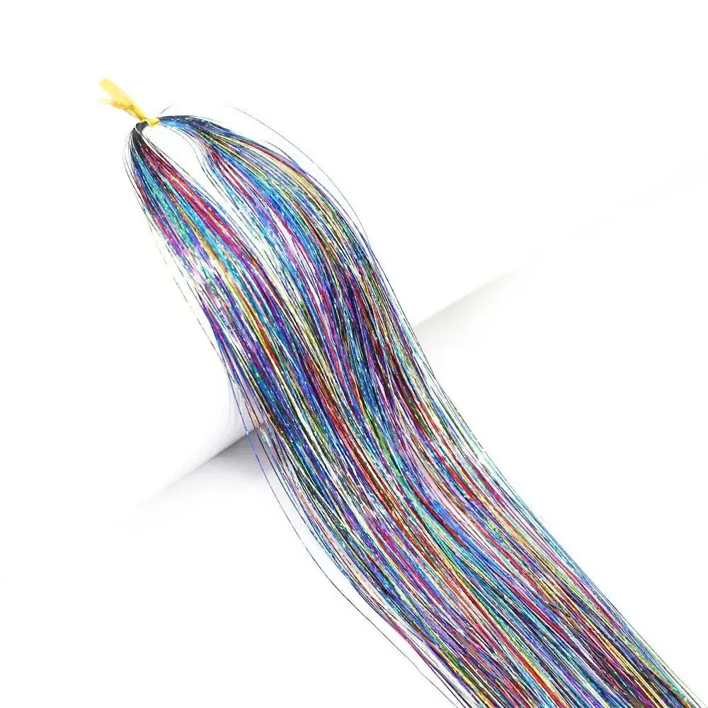 Colorful bundle of thin, shimmering tinsel-like strands tied together at one end.