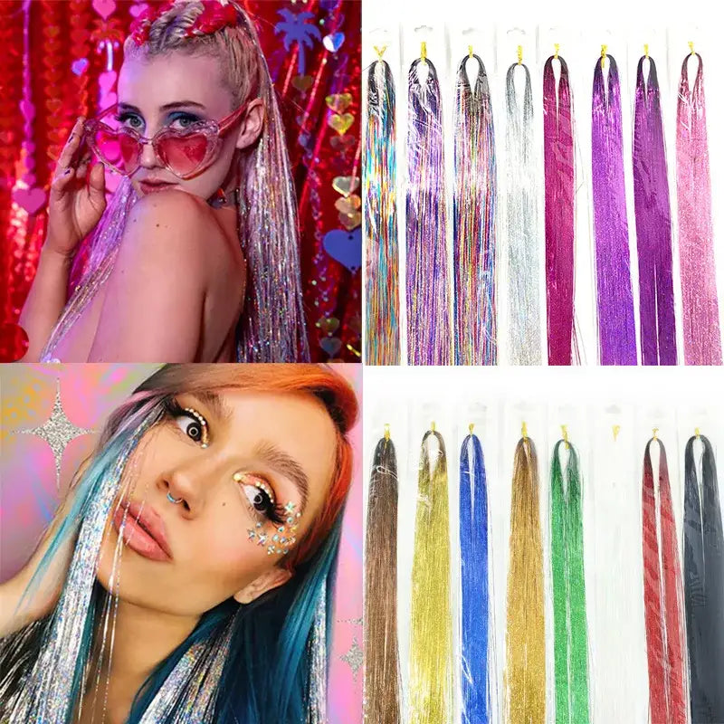 Colorful tinsel hair extensions in various shades and styles.