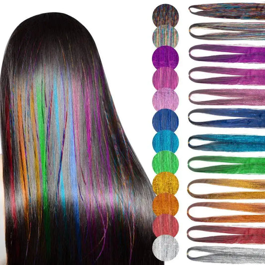 Long, straight dark hair with vibrant multicolored streaks running through it.