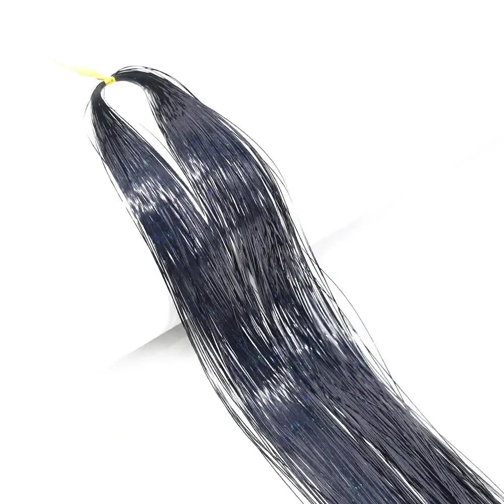 Long, straight, dark-colored hair extension or wig piece with a visible elastic band at one end.