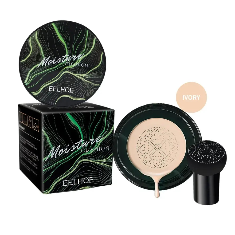 Cushion foundation makeup compact with green marbled packaging design.