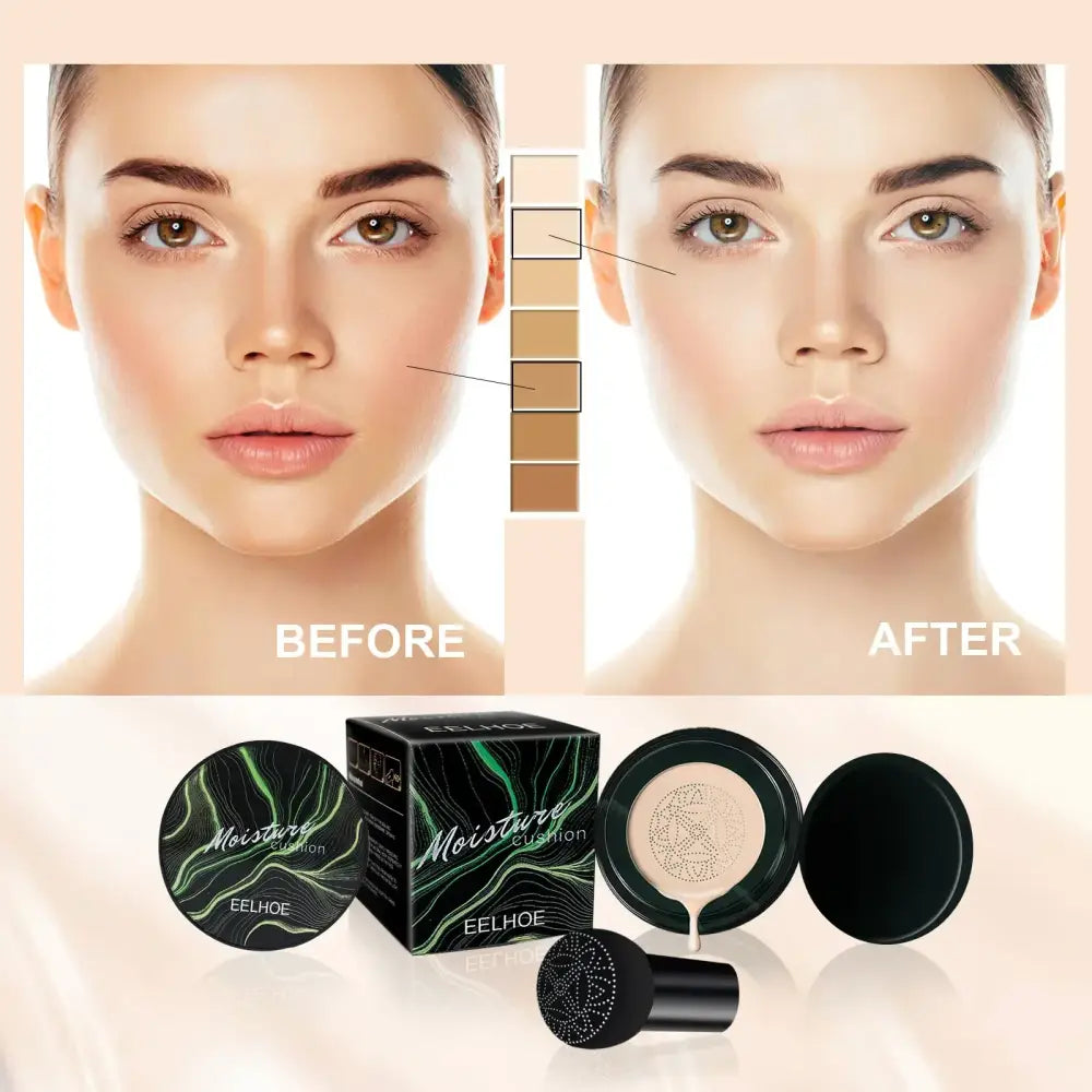 Makeup product advertisement showing before and after facial images alongside cosmetic compacts.