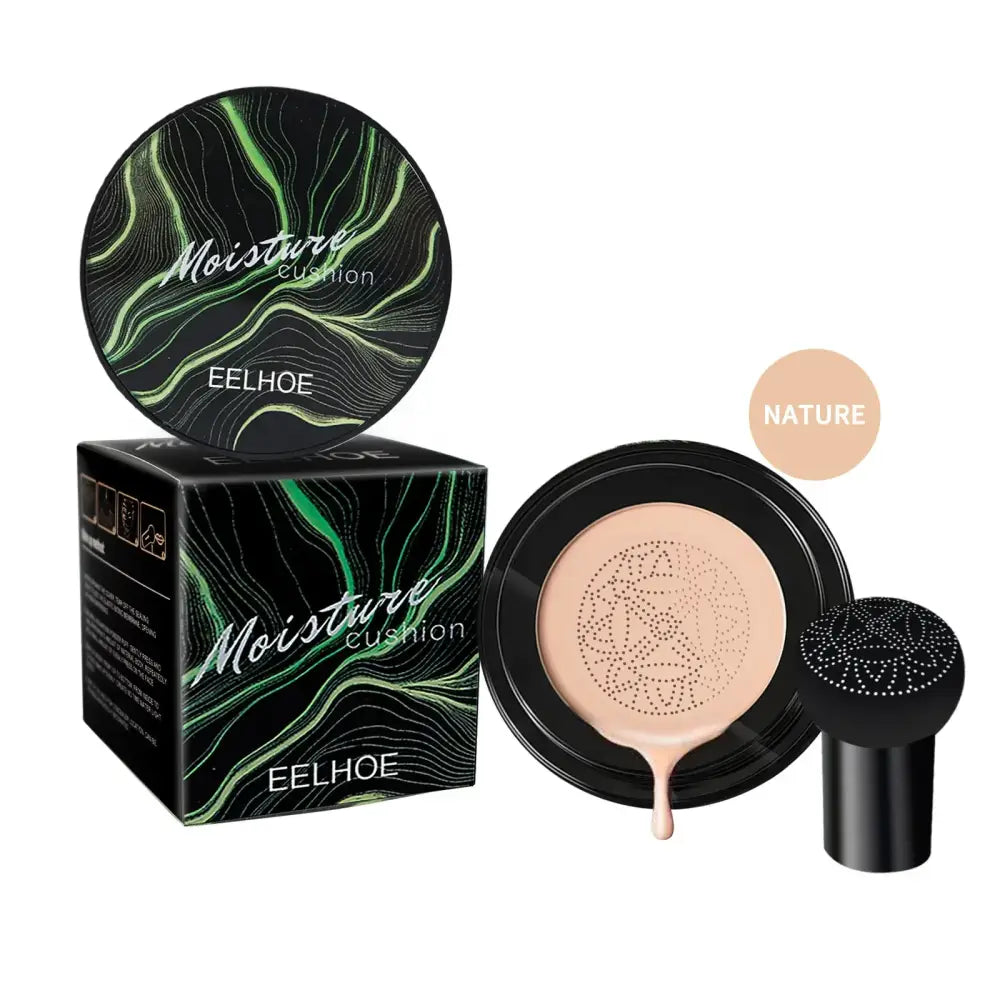 Makeup cushion foundation compact with green marbled packaging and a separate powder puff.