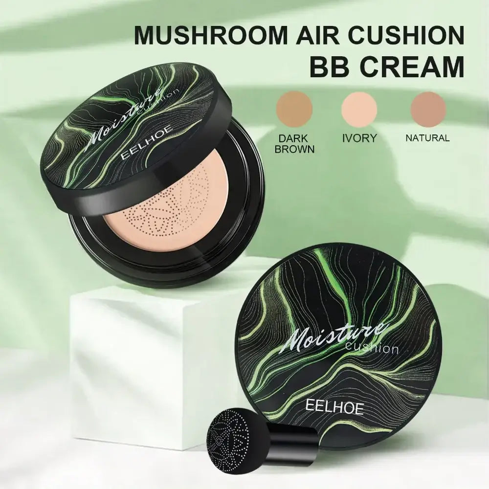 Compact makeup cushion with a dark green marbled lid labeled ’Mushroom Air Cushion BB Cream’.