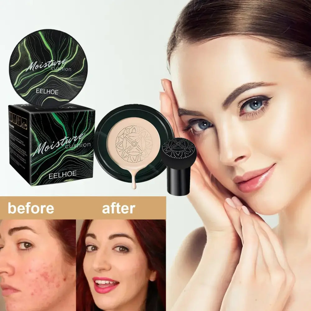 Makeup product advertisement featuring before and after skin transformation photos.