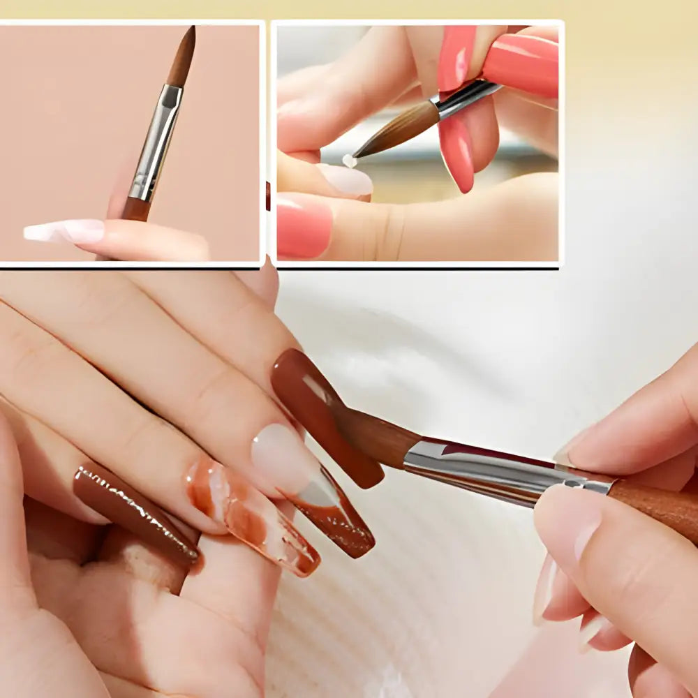 Nail brush being used to apply polish or gel to long, decorated fingernails.