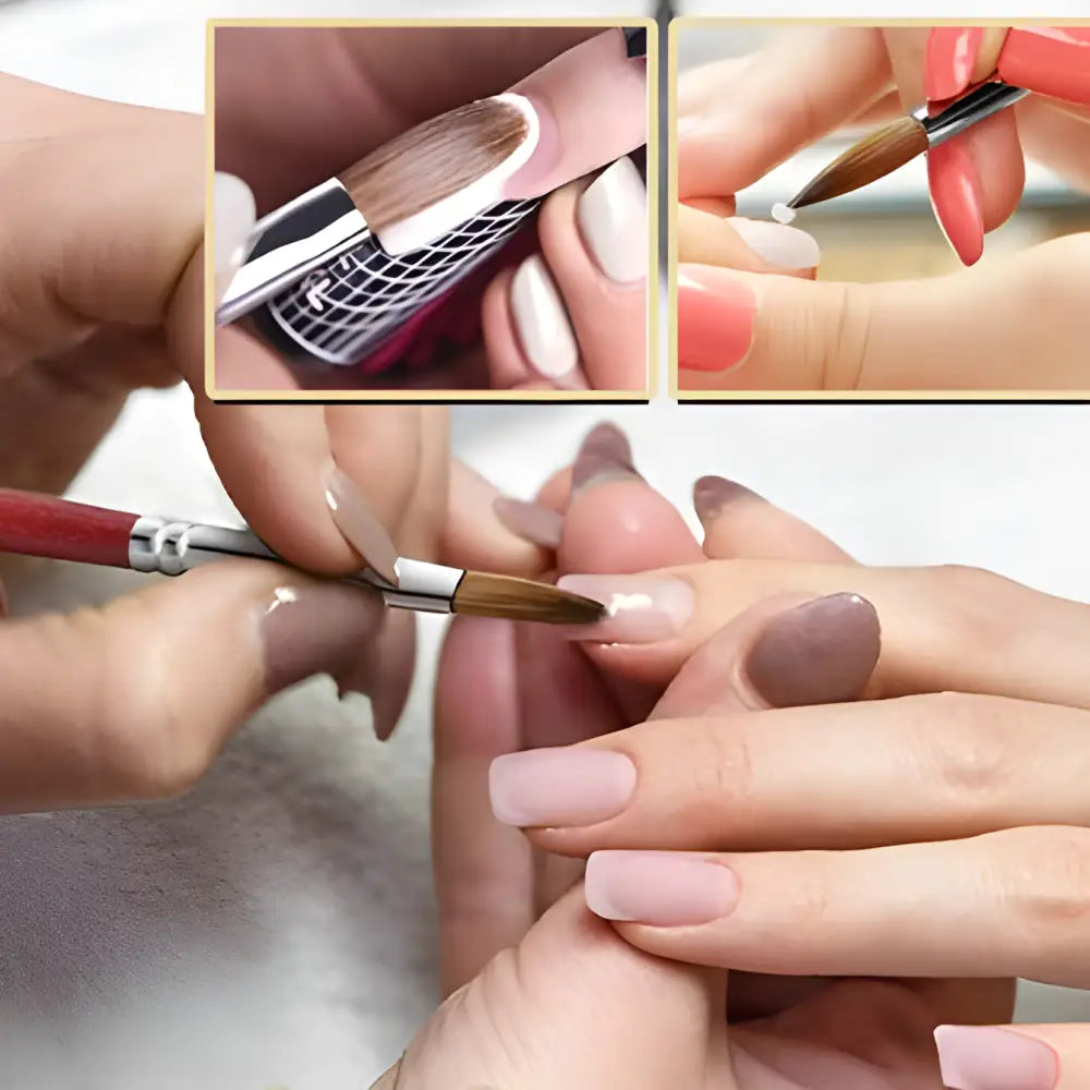 Collage of nail care and manicure techniques being performed on fingernails.