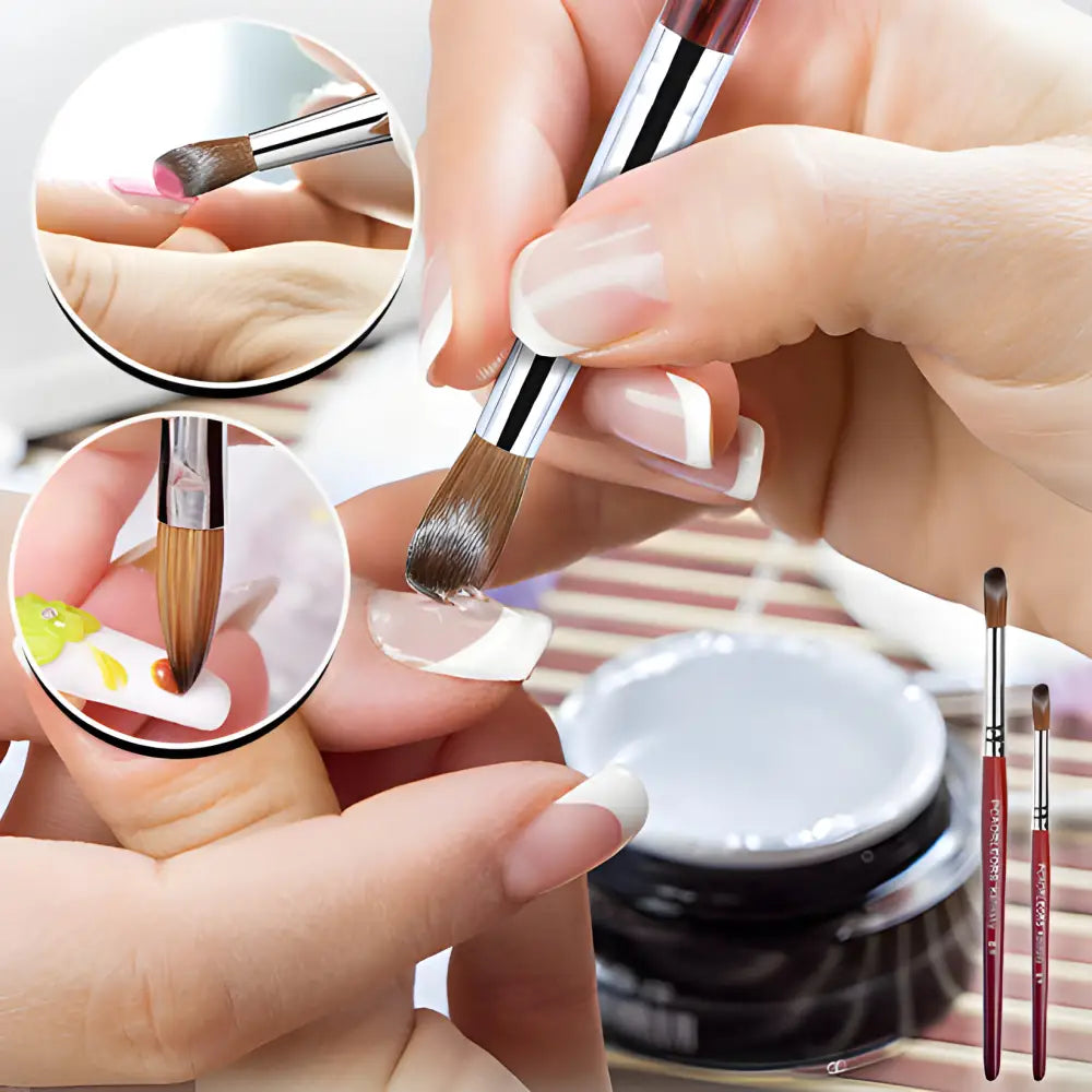 Collage of nail care and makeup application techniques using various brushes and tools.