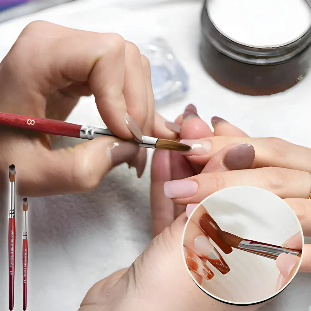 Manicure being performed on fingernails using a small brush.