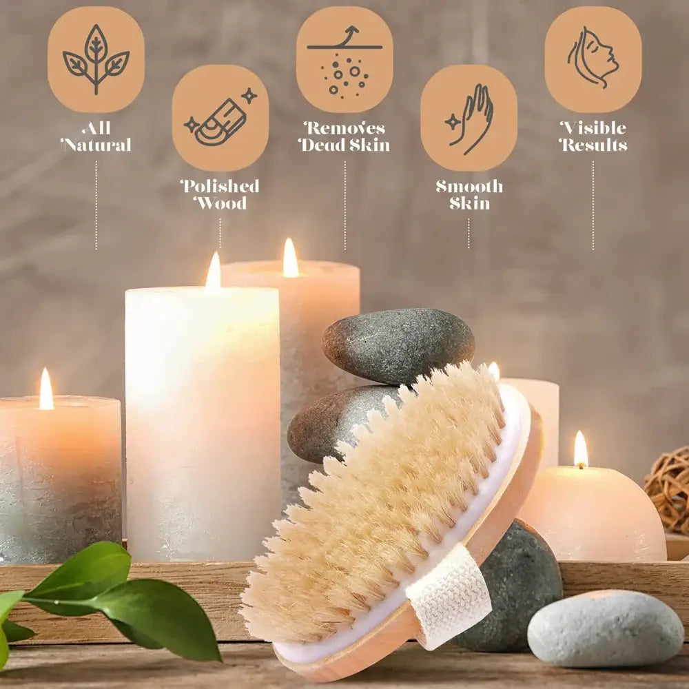 Body brush with natural bristles and a wooden handle.