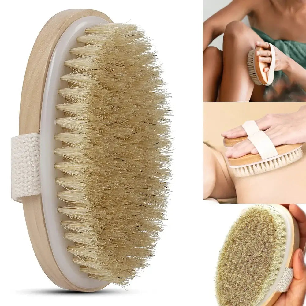 Oval-shaped body brush with natural bristles and a hand strap.