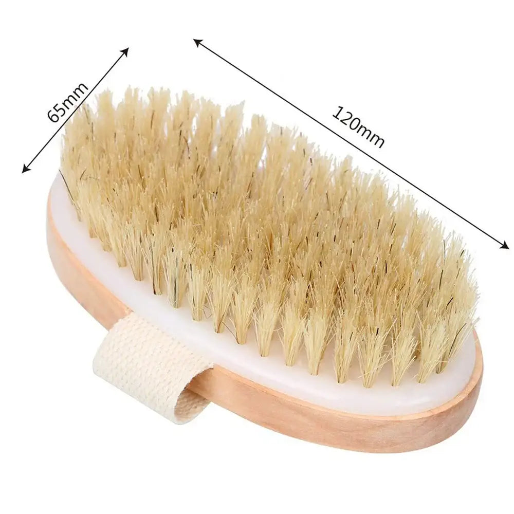 Oval-shaped wooden brush with natural bristles and a hand strap.