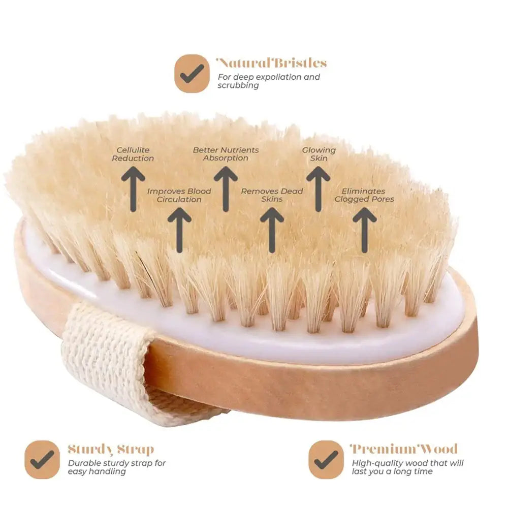 Oval-shaped wooden body brush with natural bristles and a hand strap.