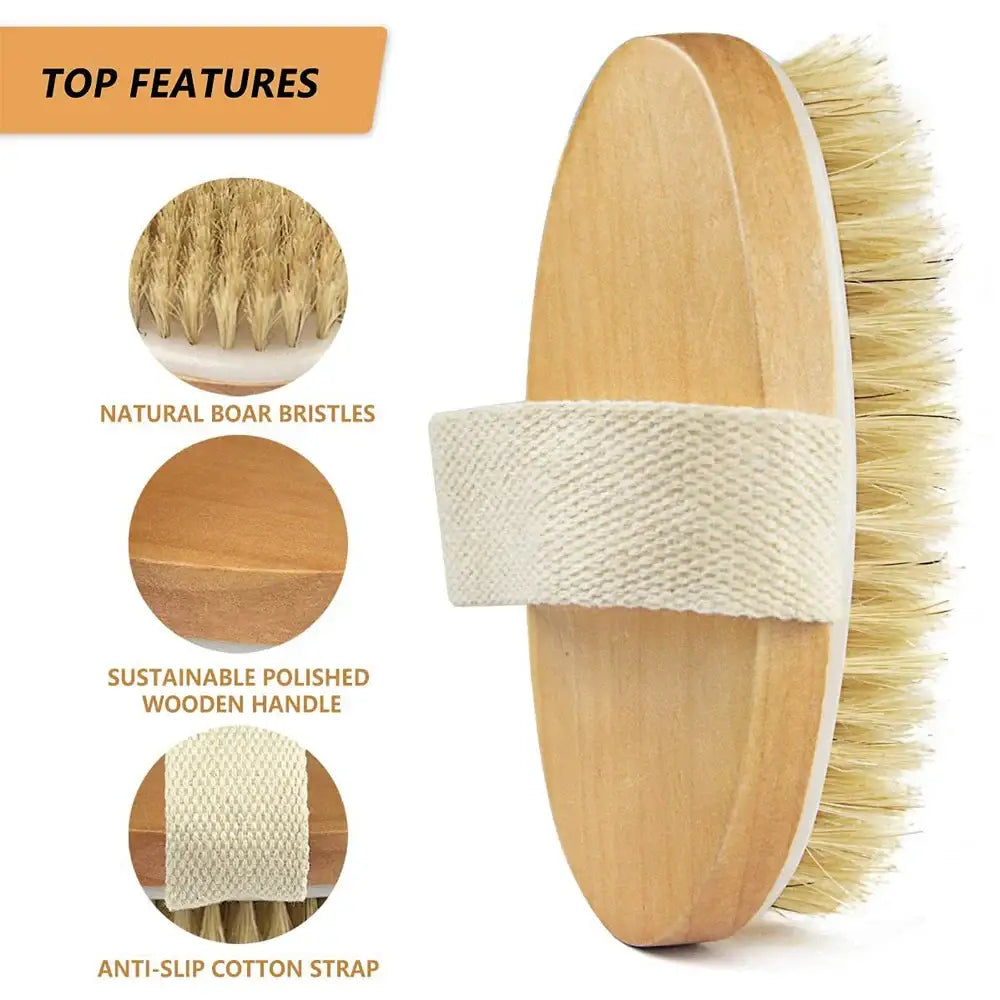 Oval wooden brush with natural bristles and a cotton strap handle.