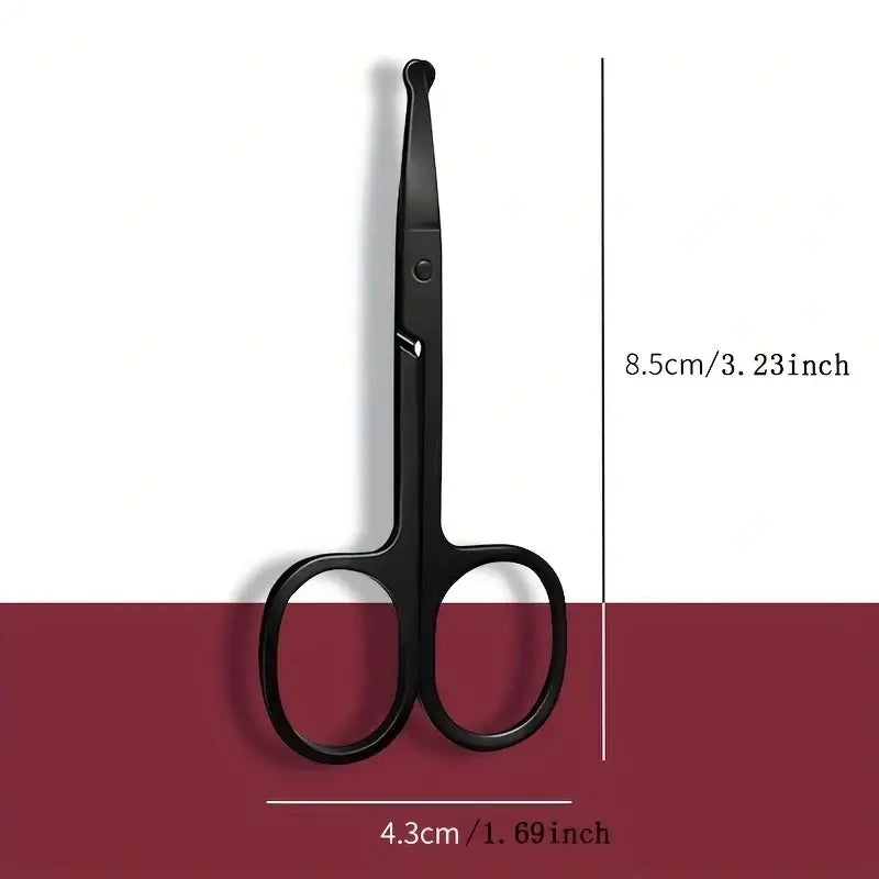 Black scissors with rounded handles and short blades.