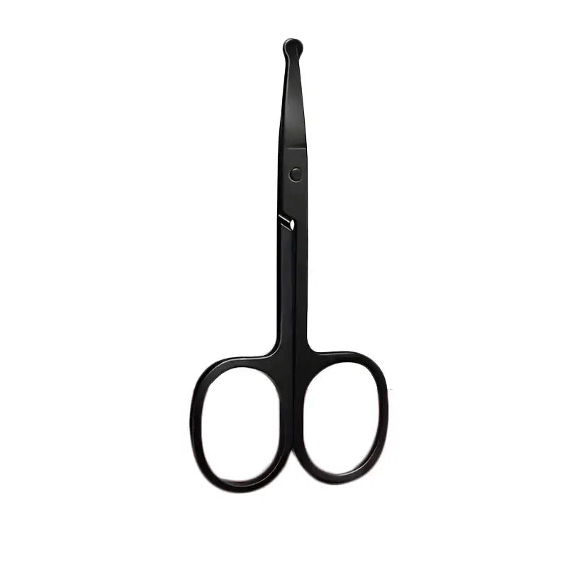 Black scissors with rounded handles and a pointed tip.