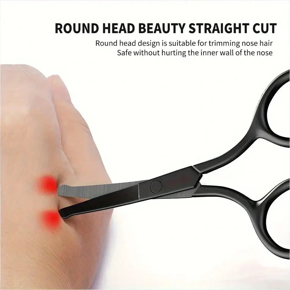 Pair of black scissors with rounded tips designed for trimming nose hair.