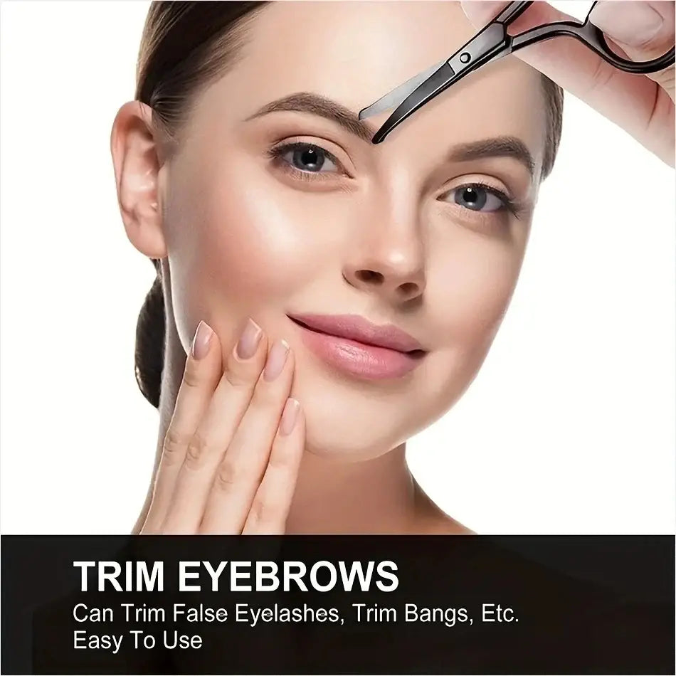 Pair of eyebrow trimming scissors held near a person’s eyebrow.