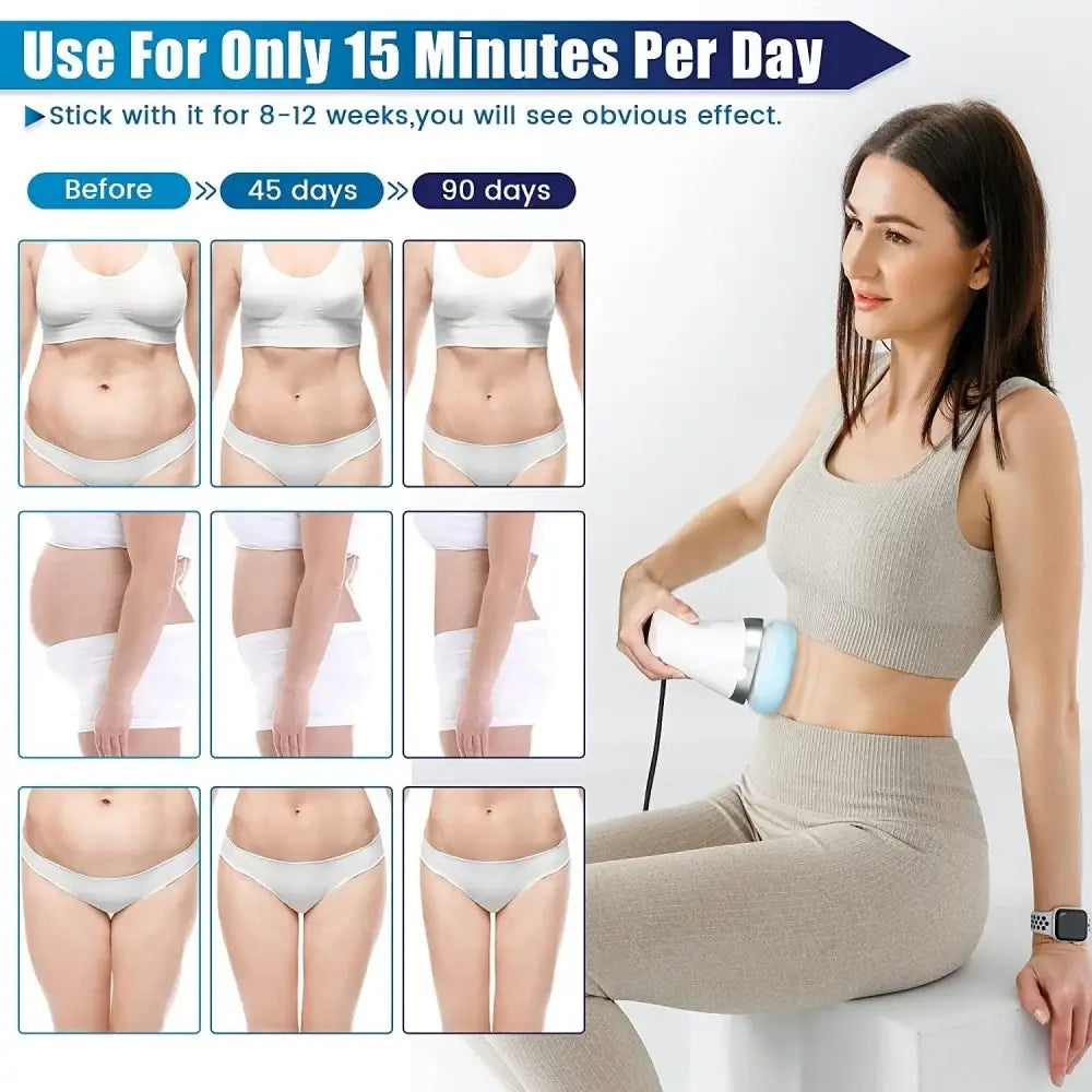 Weight loss or body shaping device advertised with before-and-after photos and usage instructions.