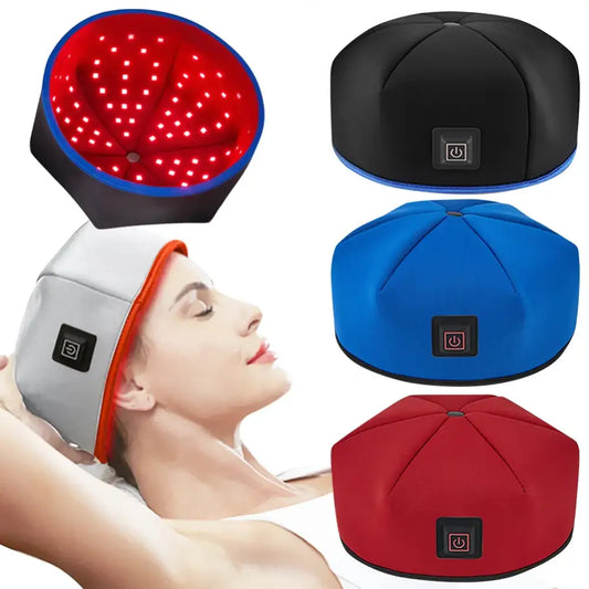 Hair growth stimulation cap with LED lights for scalp treatment.