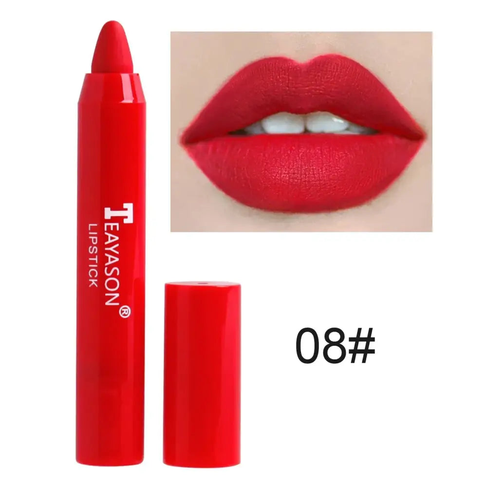 Bright red lipstick in a crayon-style applicator.