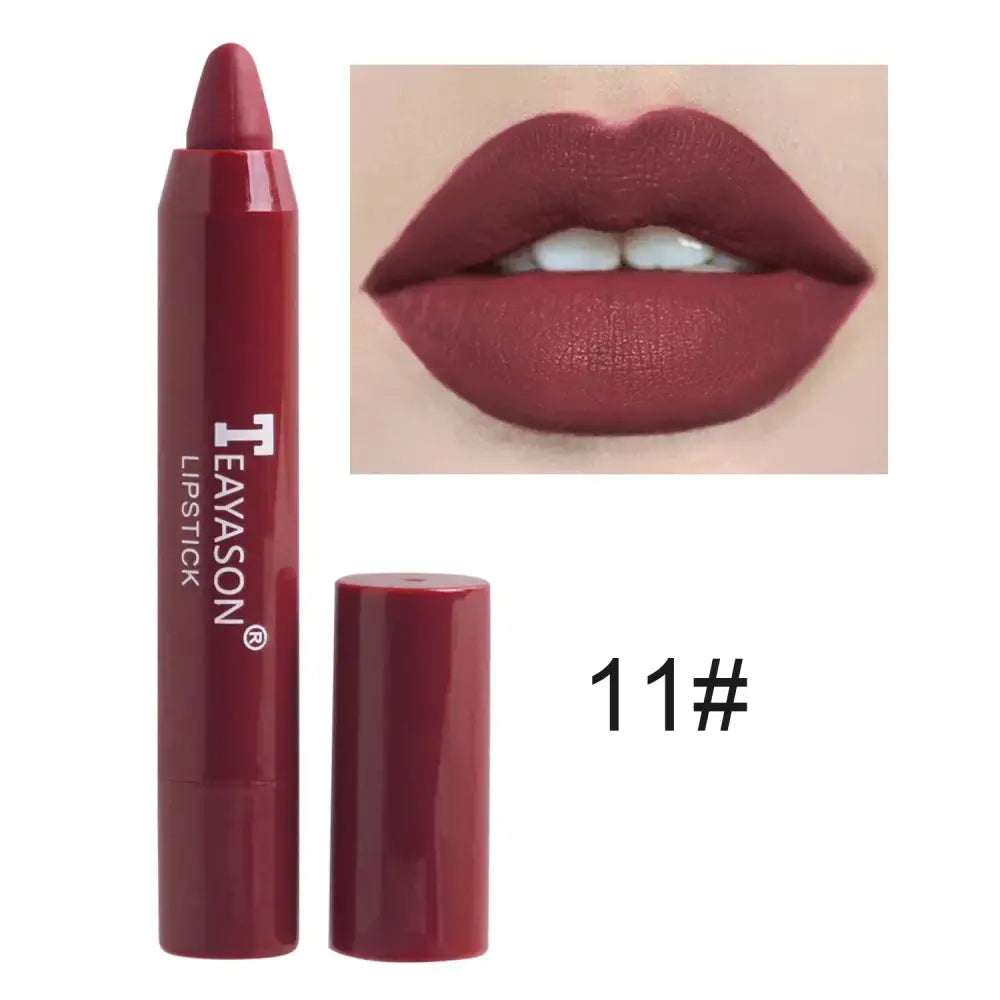 Burgundy lipstick crayon with a matching lip swatch.