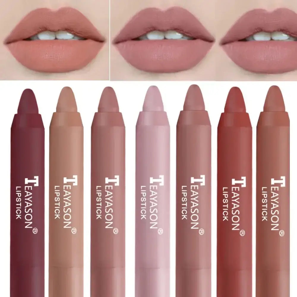 Collection of matte lipsticks in various nude and pink shades.