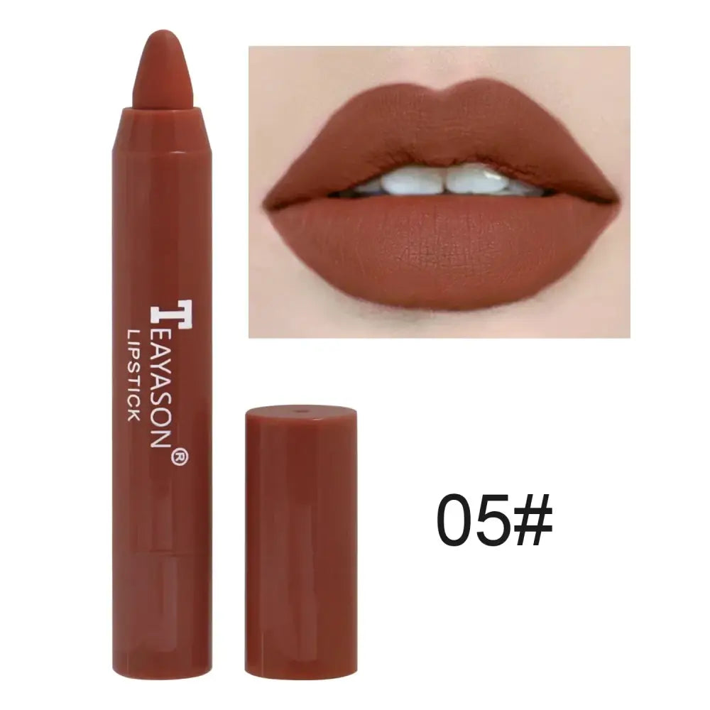 Matte brown lipstick in pencil form with a matching lip swatch.