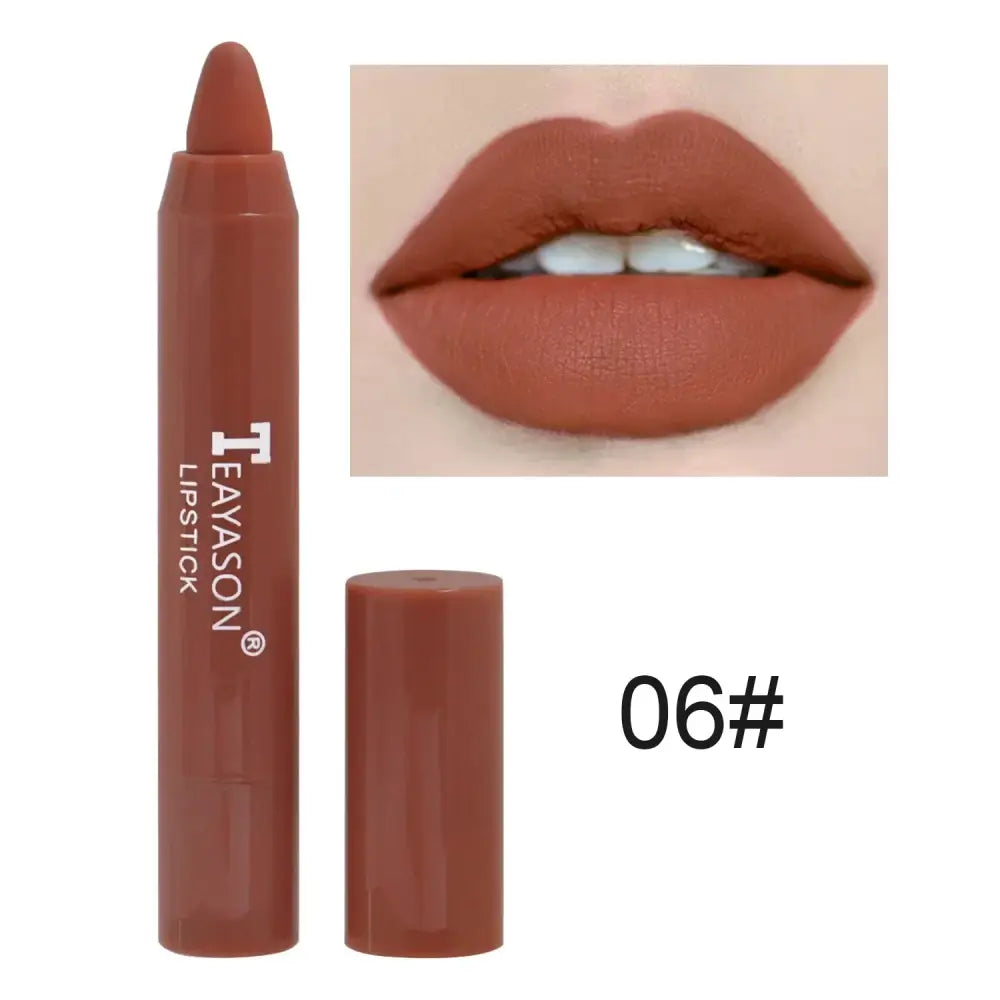 Matte brown lipstick in pencil form with a corresponding lip swatch.