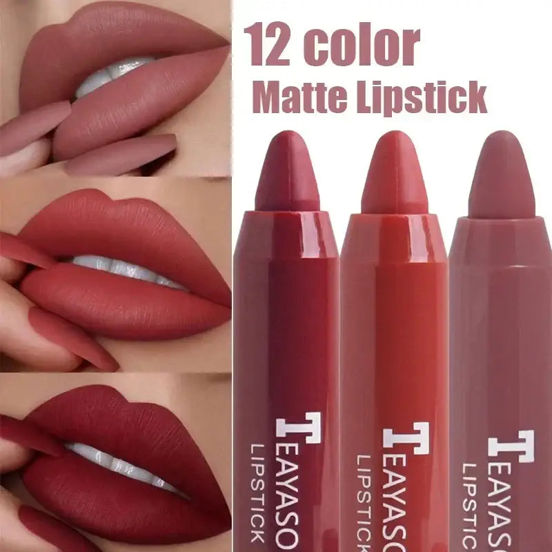 Matte lipsticks in various shades of red and pink, shown both as product tubes and applied to lips.