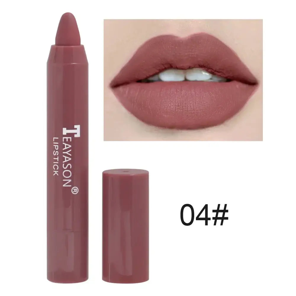 Matte mauve lipstick in pencil form with a swatch showing the color on lips.