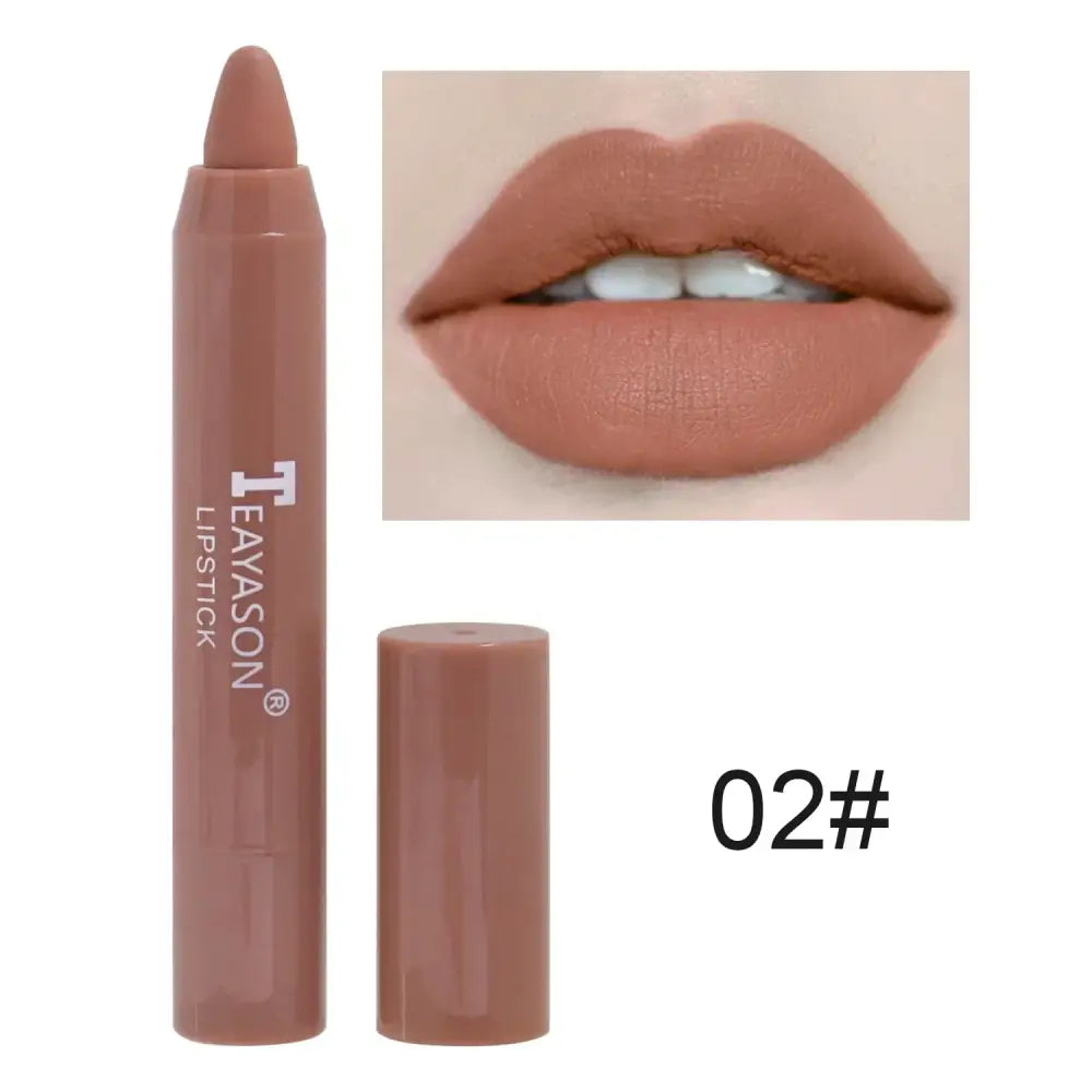 Matte nude lipstick in pencil form with a swatch showing the color on lips.