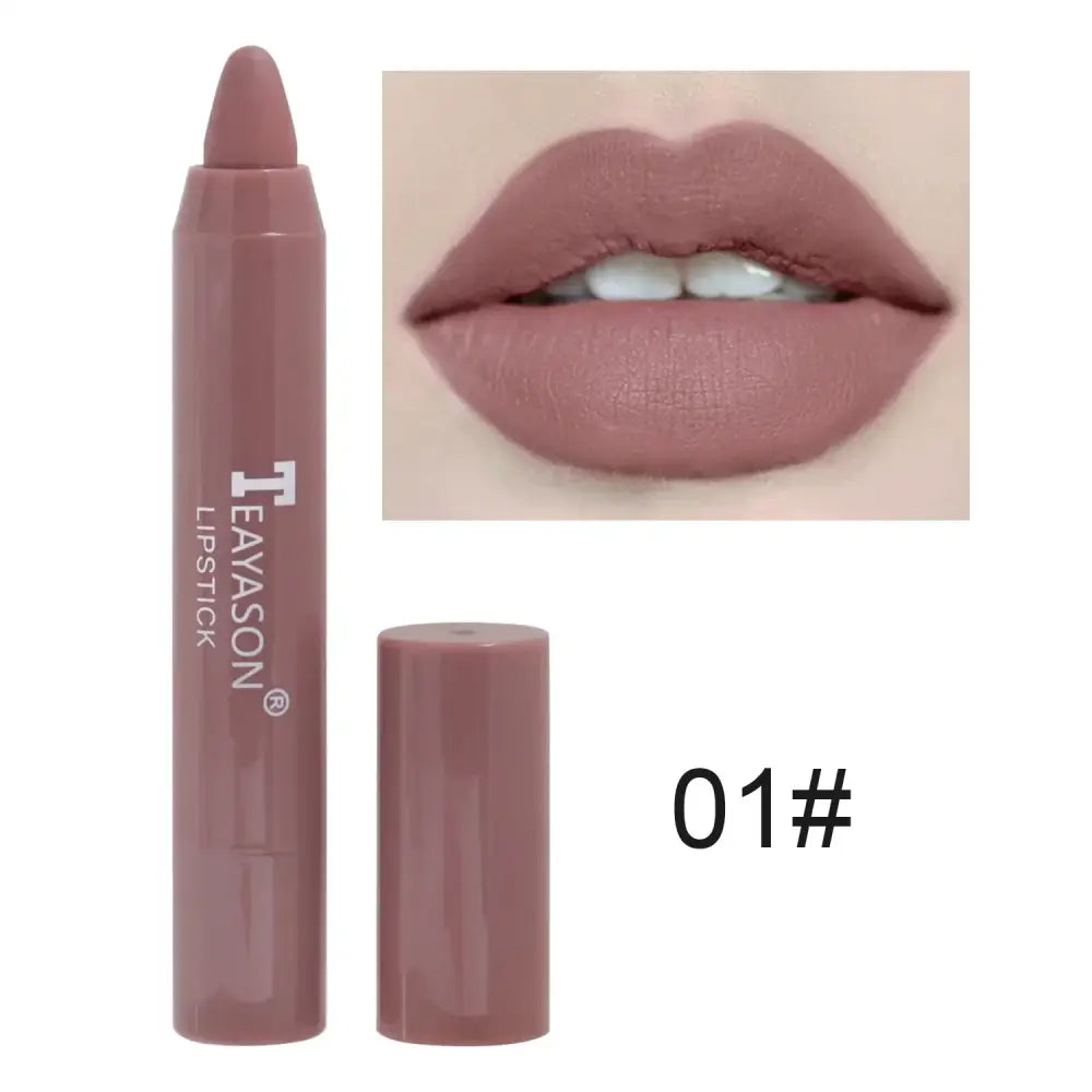 Matte pink lipstick in a crayon-style applicator.